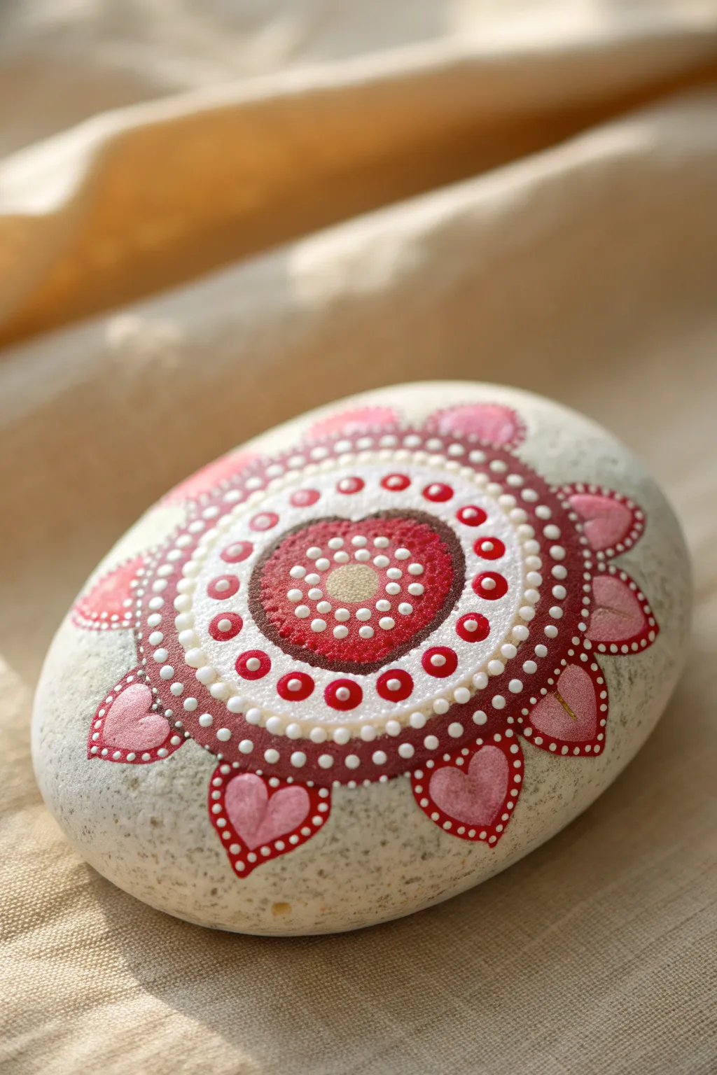 Dotted mandala heart rock in rosy reds and pinks, minimal linen backdrop and soft light