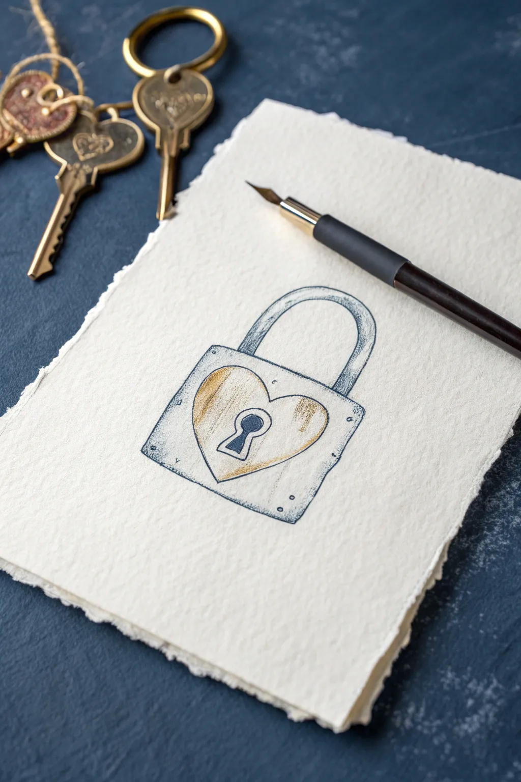 Heart lock and key sketch in metallic tones, a simple promise of loyalty and trust