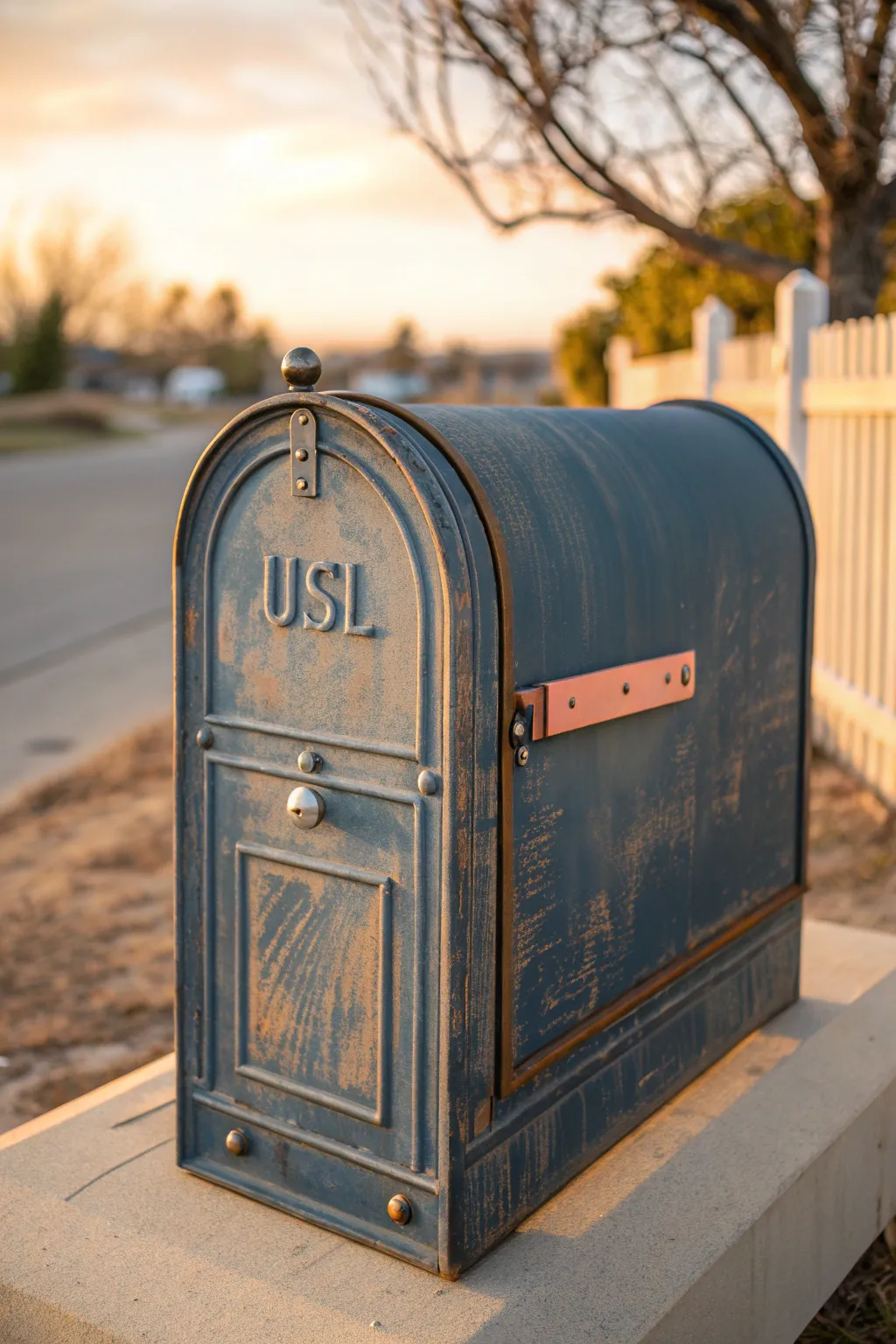 Vintage distressed paint layers on a mailbox, glowing in warm light for time-worn curb appeal