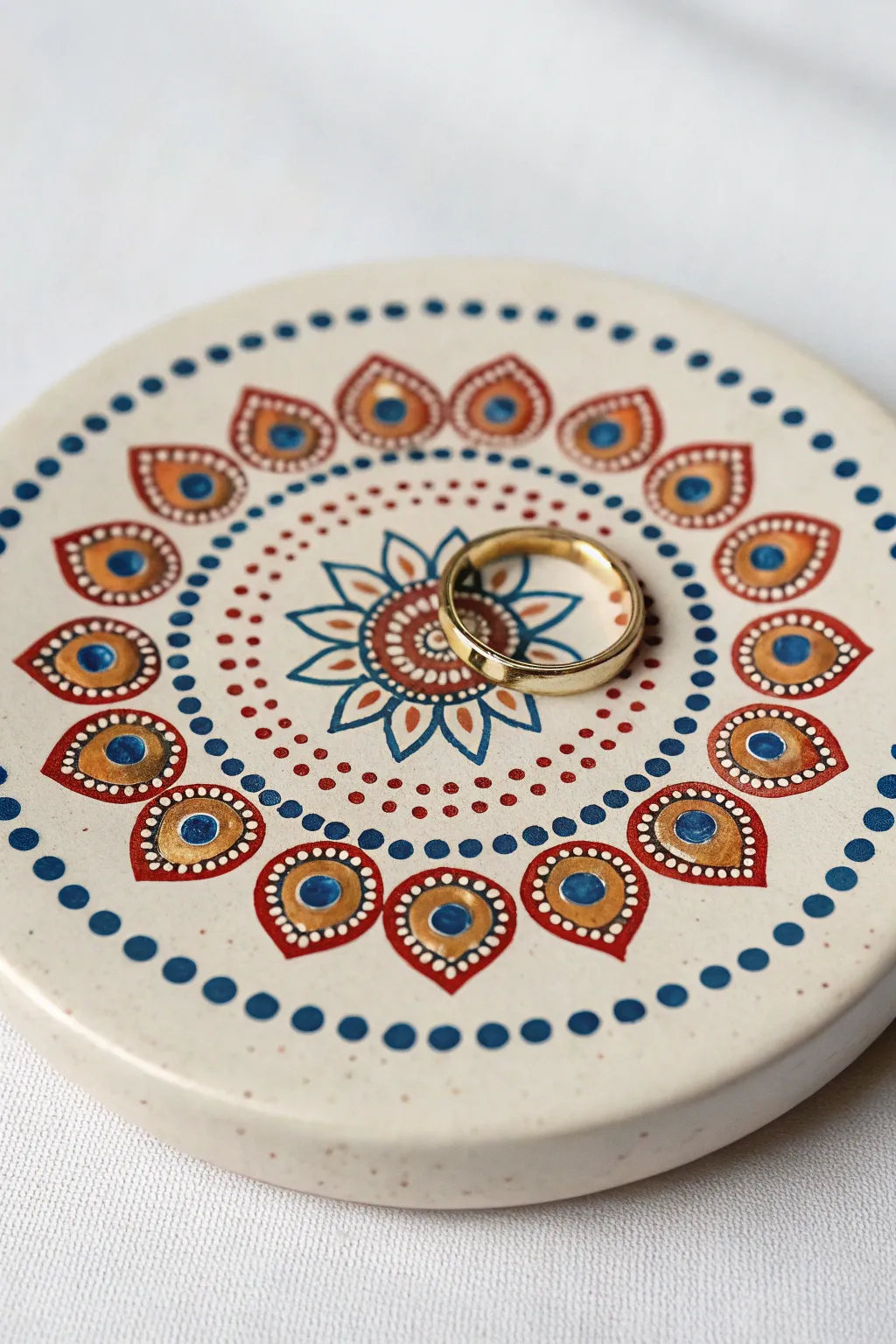 Crisp dot-chain mandala ring with bead accents and halo dots in bold indigo on ivory.