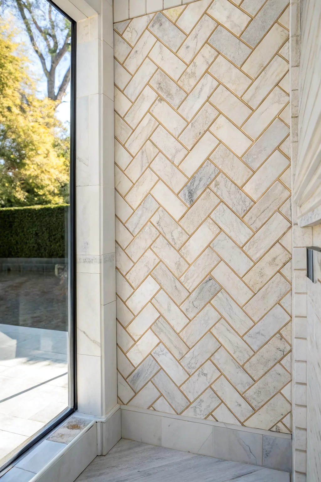 Herringbone marble brings subtle movement to a calm, minimalist bathroom moment.