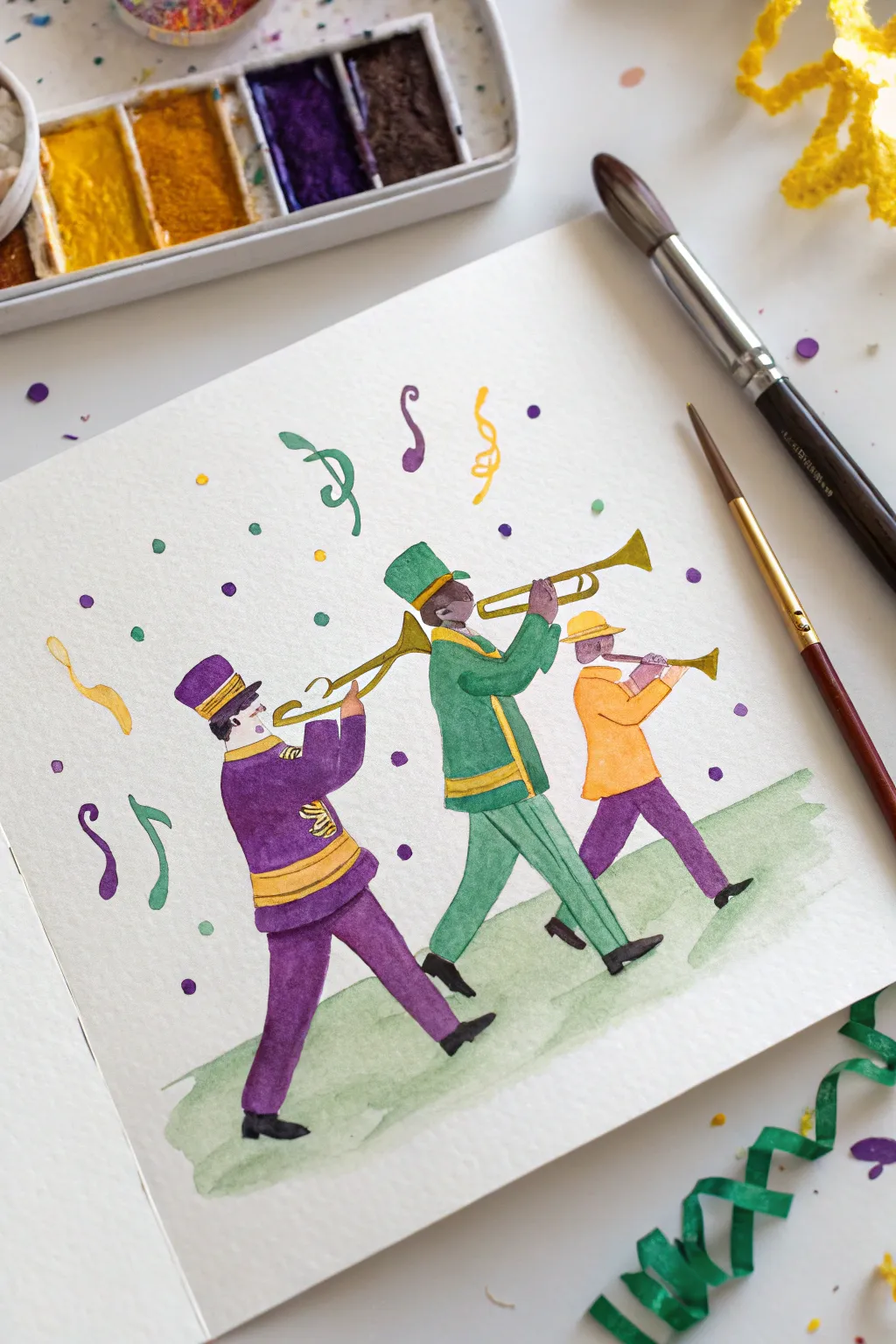Mardi Gras painting idea: simple brass band street musicians with bold purple, green, and gold