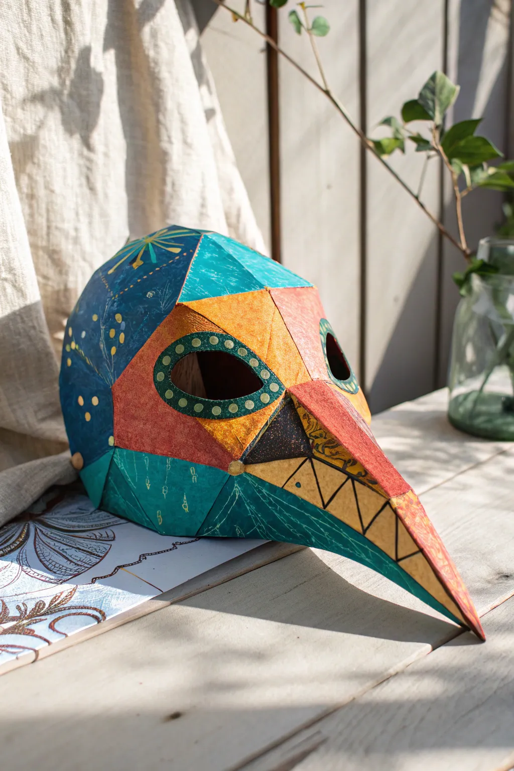 DIY Bird Beak 3D Mask in bold color blocks, crisp folds, minimalist boho vibe