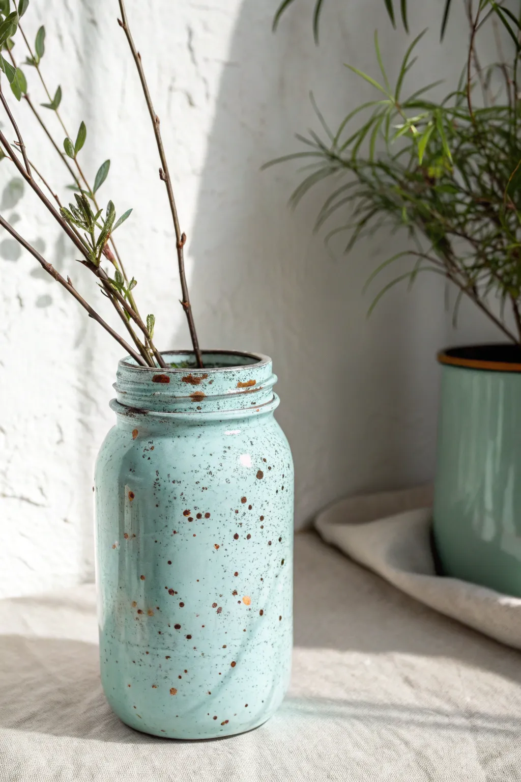 Speckled egg pastel mason jar centerpiece, a minimalist spring accent with artisan charm.