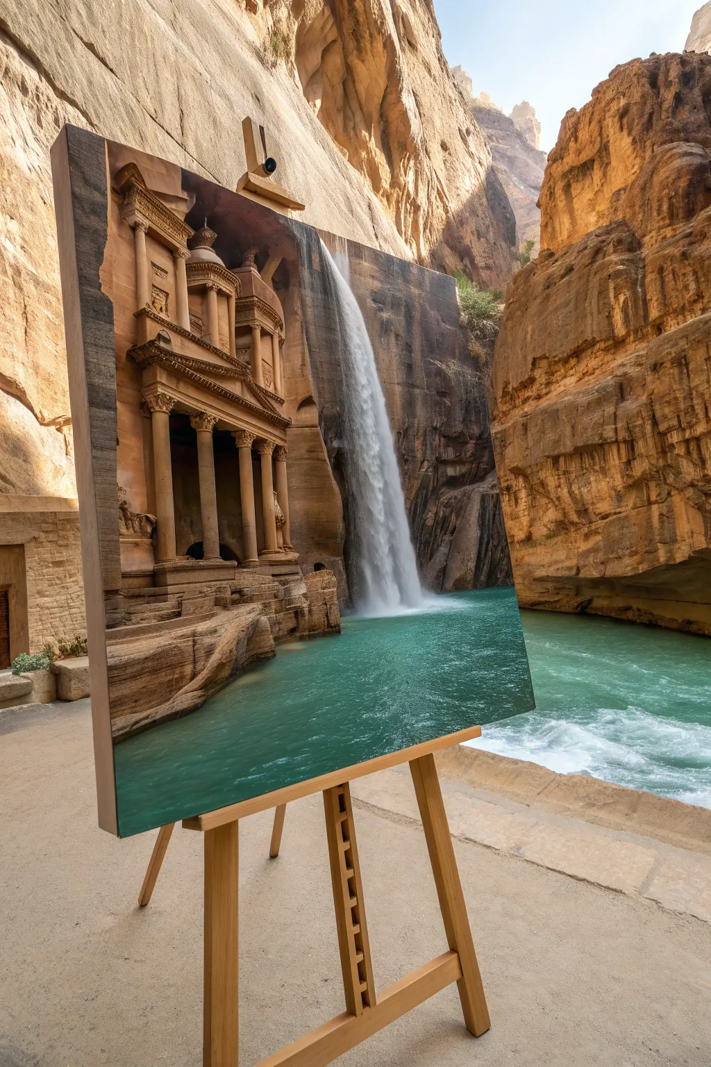 Ancient temple beside a roaring waterfall, mist blending collage and paint for matte magic.