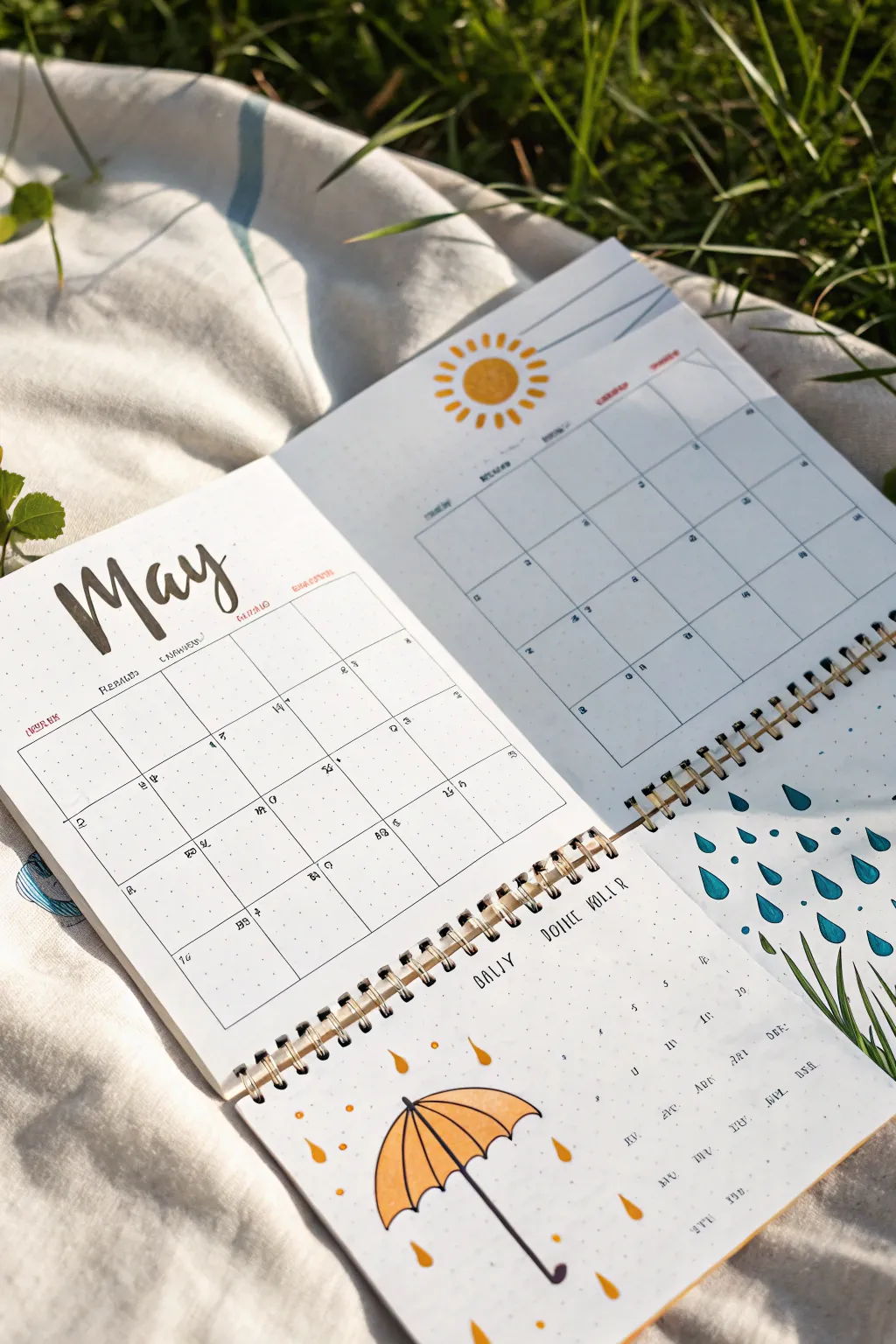 Rainy then sunny May calendar doodle inspiration with a clean grid and bold contrasting colors
