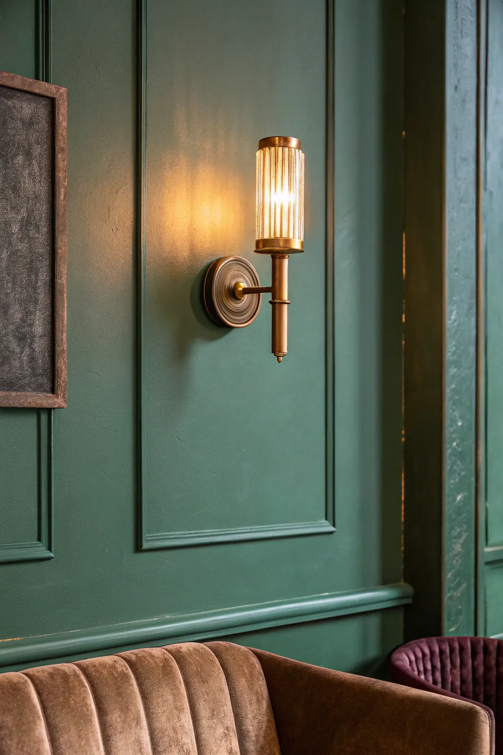 Deep forest green walls glow with warm brass lighting for a cozy media room cave vibe