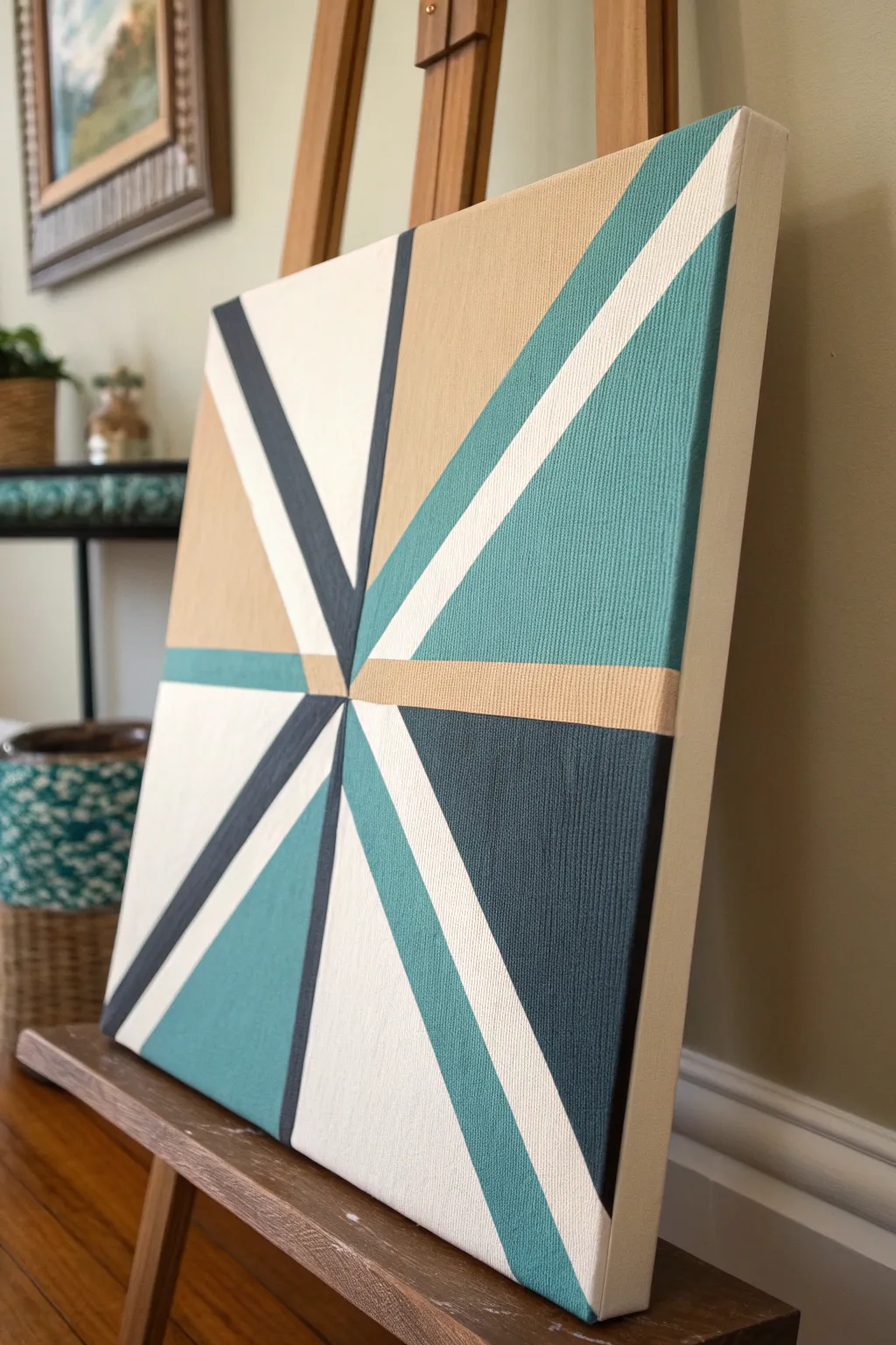 Crisp geometric tape art in teal, sand, and off-white for a clean modern medium canvas look