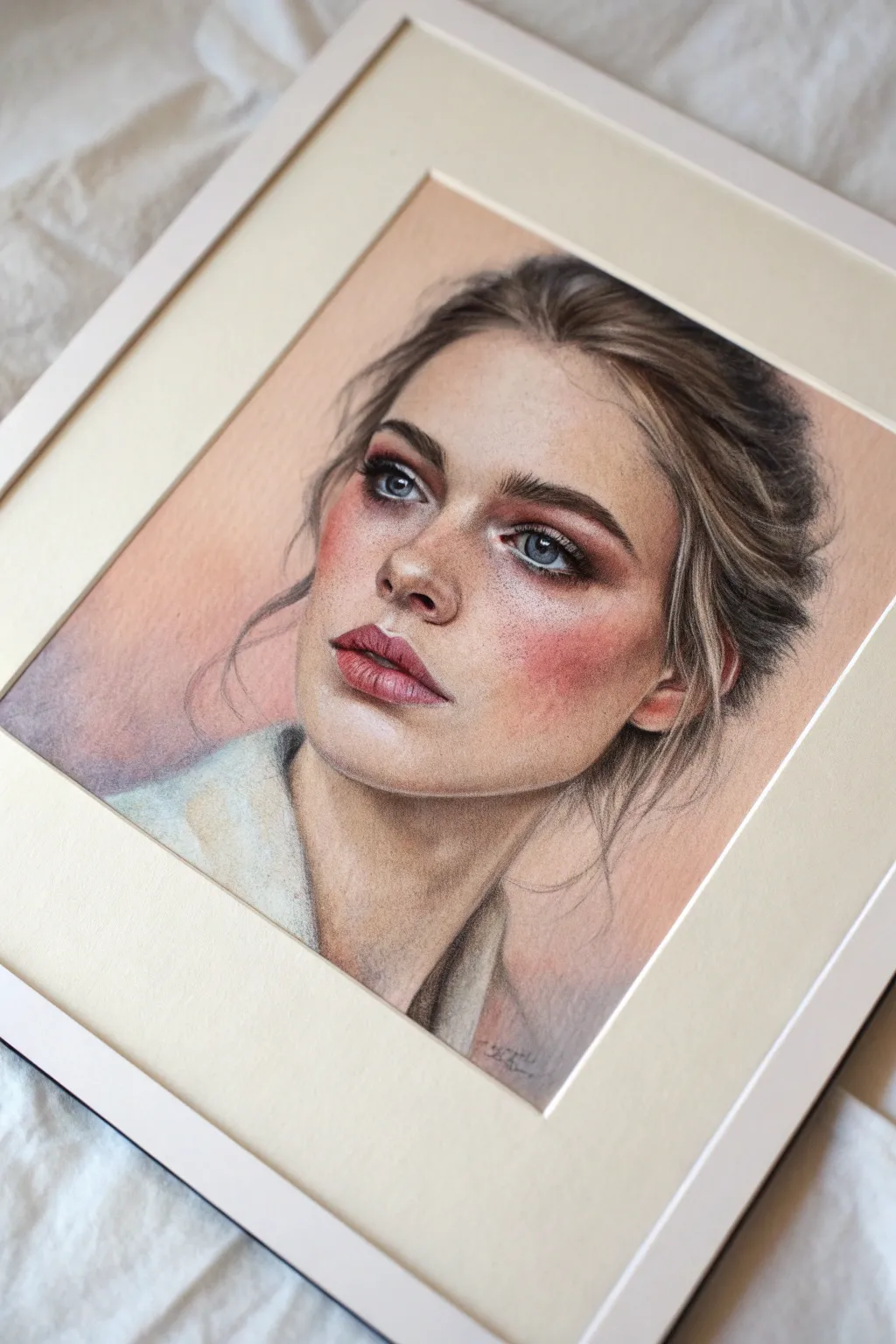 Soft-edge pastel portrait study with powdery texture and bold eye accents, minimalist and calm