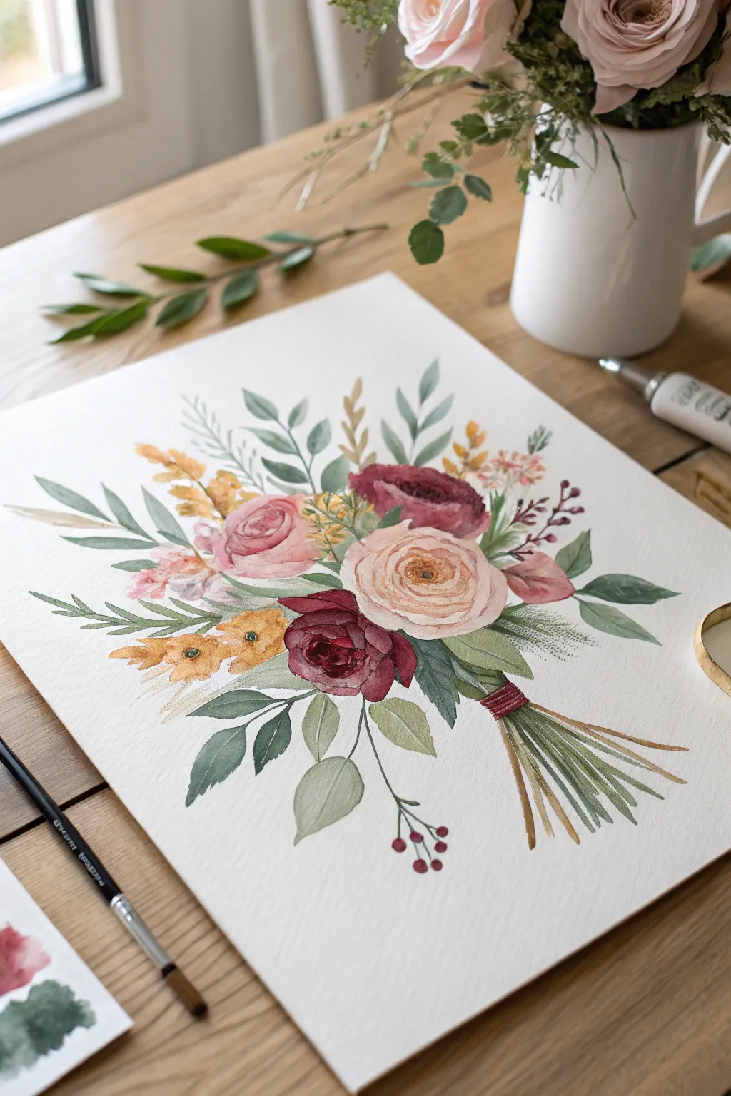 Favorite blooms forever: a minimalist memorial bouquet painting with a space for initials or dates.