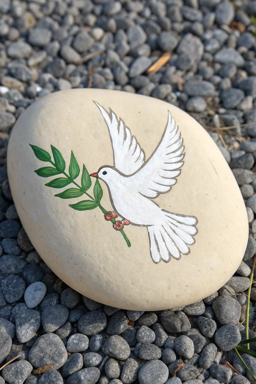 Peace tribute memorial rock: white dove with olive branch on neutral gravel, serene and striking.