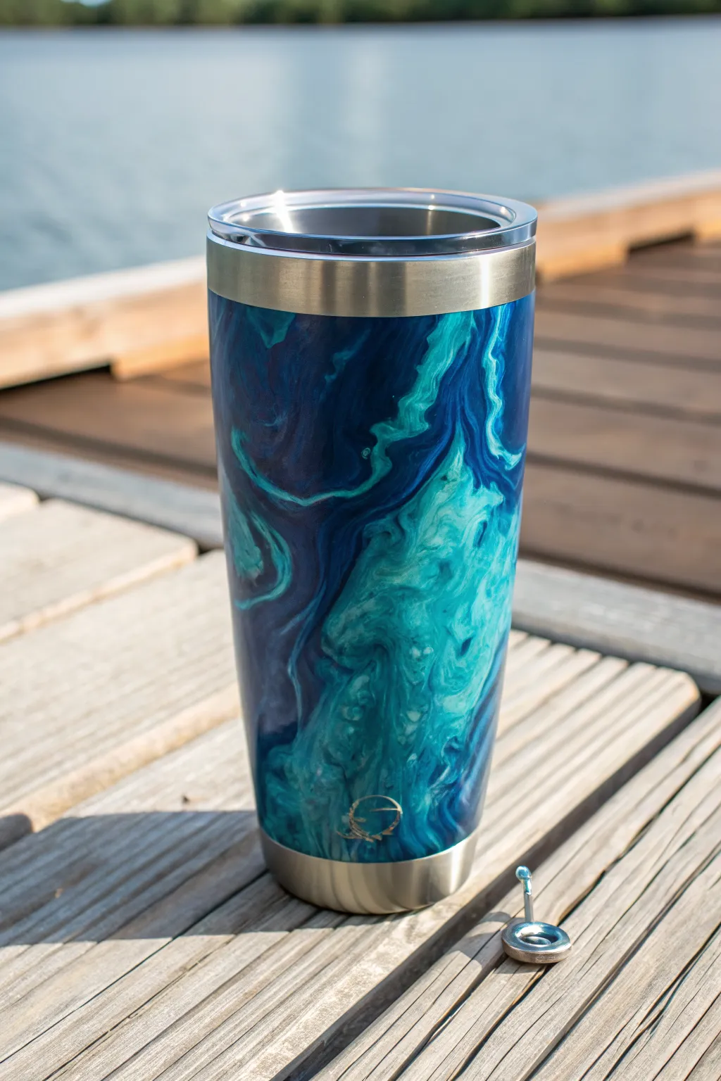 Fishing Lake Swirl tumbler in deep blue and teal, with a sleek lure detail on sunlit wood.