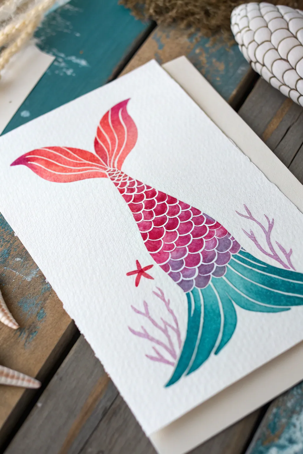 Easy mermaid tail idea: ombré base with clean U-shape scales and soft fin veins