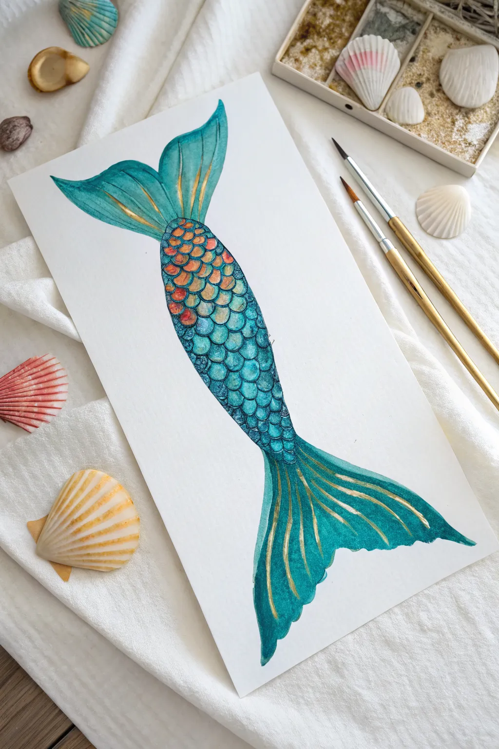 Metallic and pearly scale accents that catch the light on a bold, minimalist mermaid tail