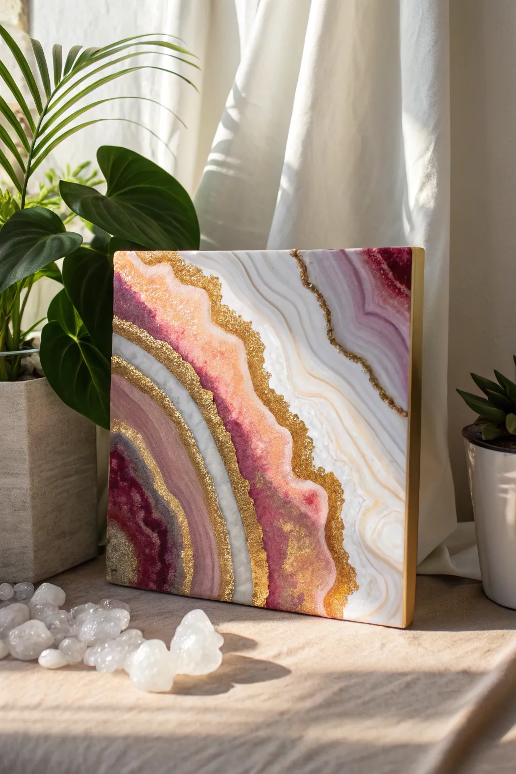 Geode veins in metallic acrylic: bold color bands, shimmering lines, chunky crystal texture