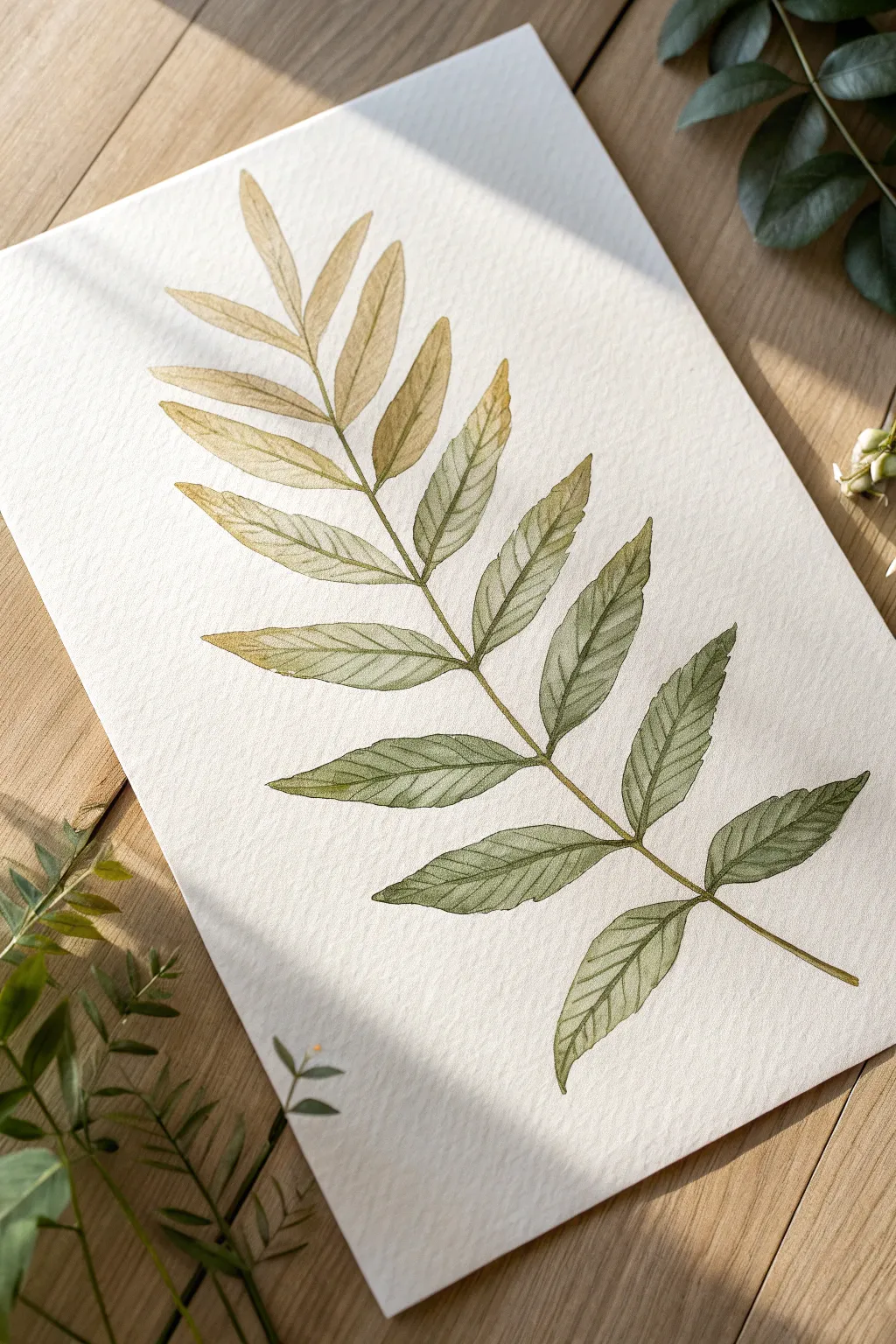 Muted green leaf study with metallic gold veins, minimalist botanical watercolor inspiration.