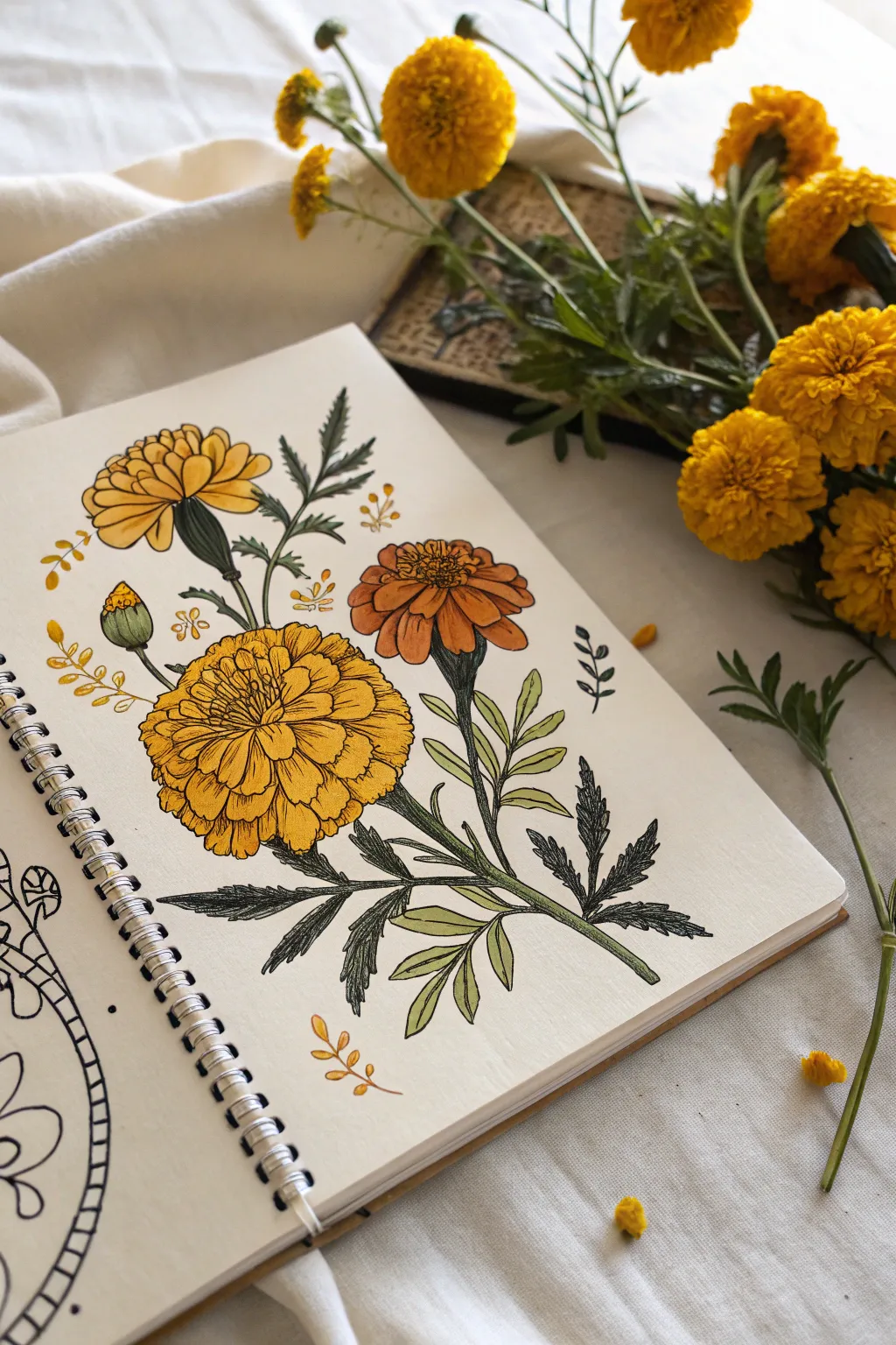 Marigold bouquet motif in bold orange, a simple Mexico-inspired frame element to sketch today.