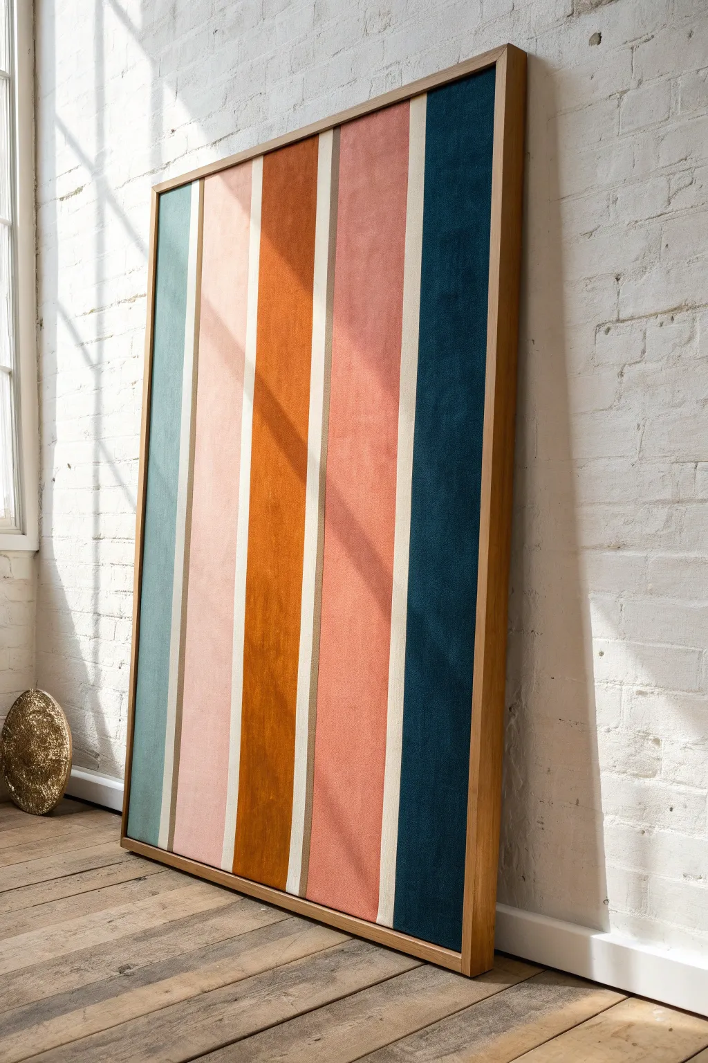 Mid-century vertical color-field stripes in warm retro tones, minimalist, bold, and handcrafted.