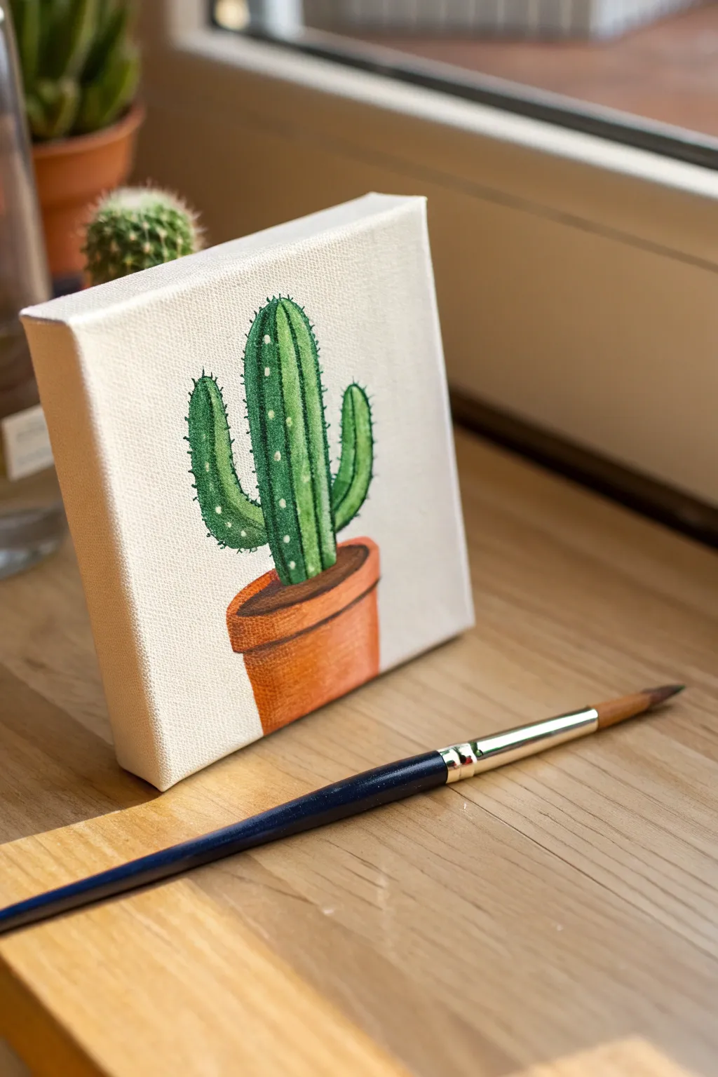 Paint a mini desert oasis! This cute seated saguaro is the perfect beginner canvas idea.