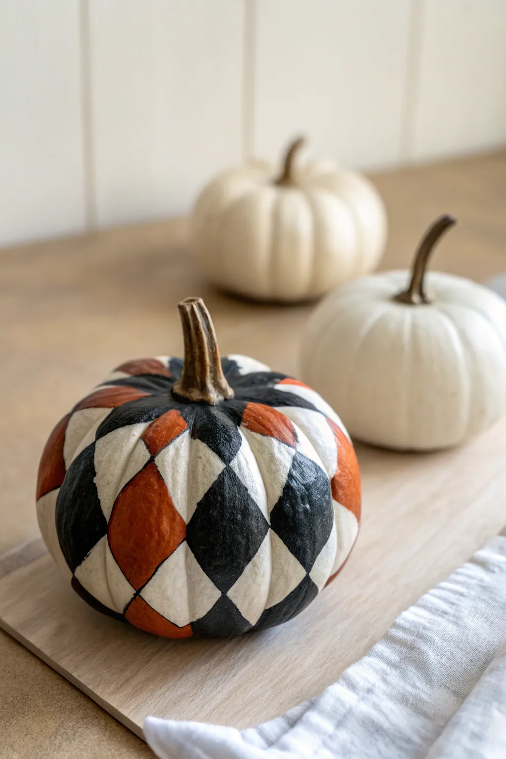 Bold checkerboard mini pumpkin in black and terracotta, minimalist styling with cozy boho contrast