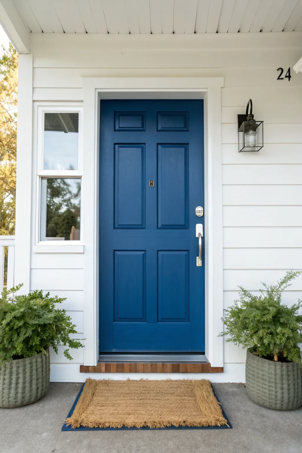 A pop of cobalt on a mobile home front door instantly elevates the whole exterior.