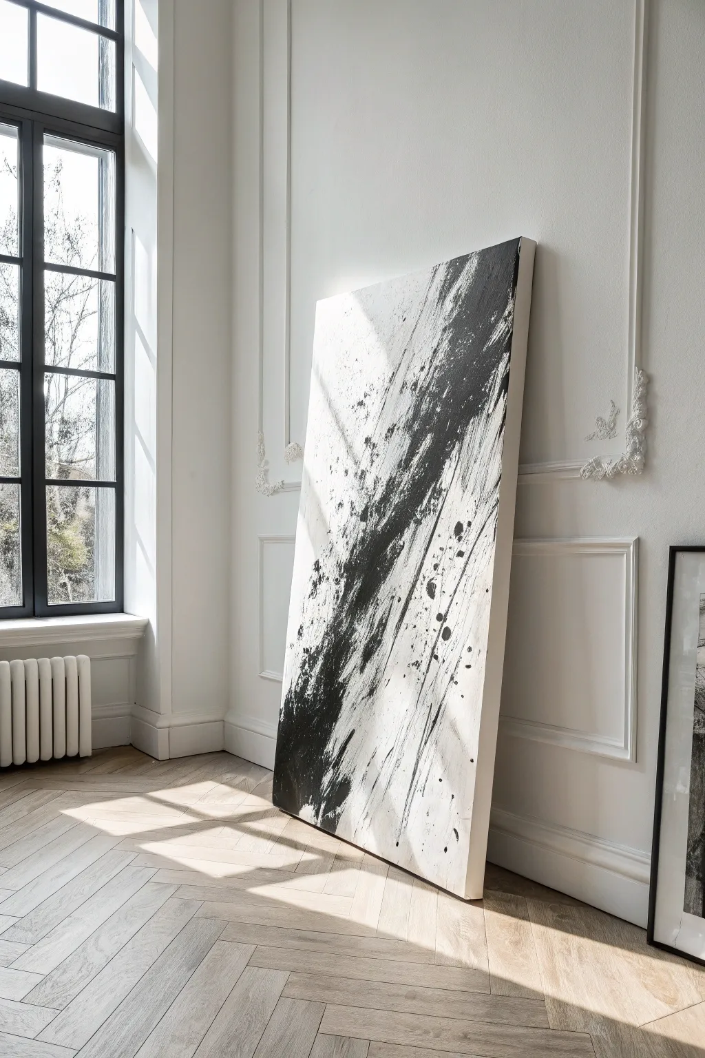 Monochrome black ink abstraction with bold drips and negative space for modern minimalist homes.