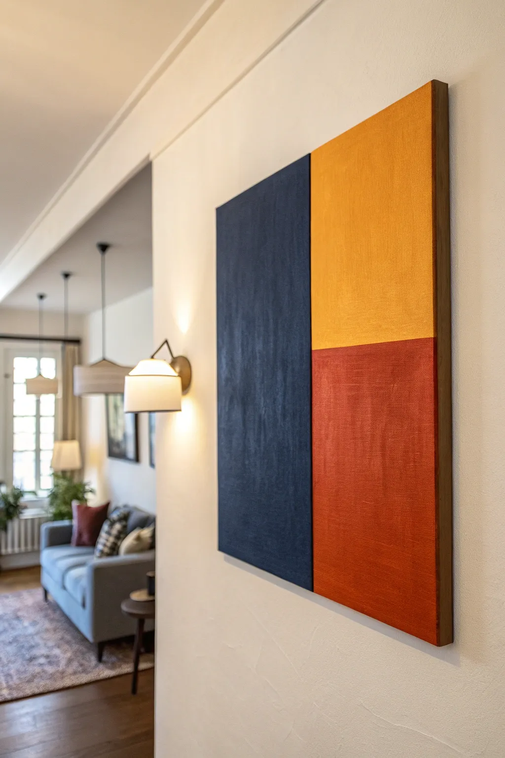 Bold color-block canvas sets the palette, with pillows echoing its hues for a modern living room.