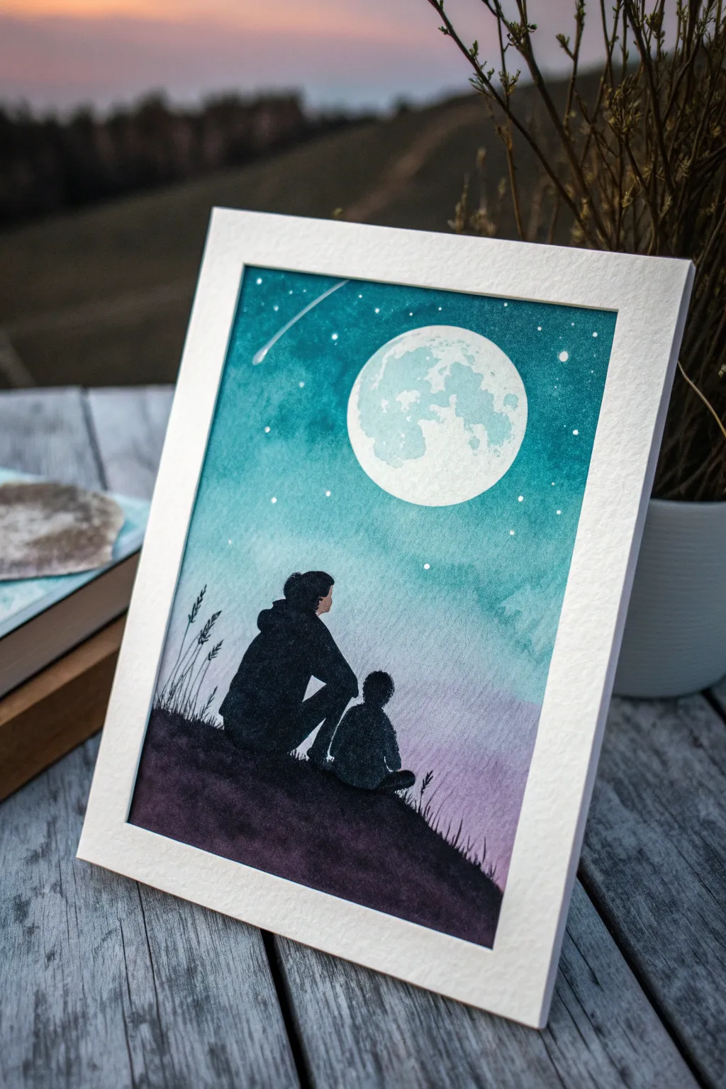 Love you to the moon painting idea: simple mom and son silhouettes under a glowing night sky