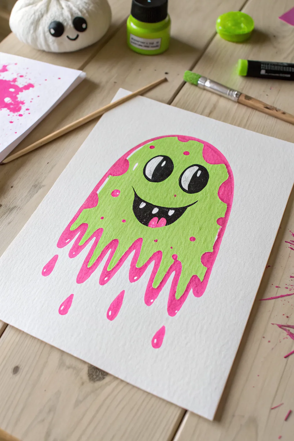 Neon slime monster splashes in electric green and hot pink, simple eyes and grin, bold contrast.