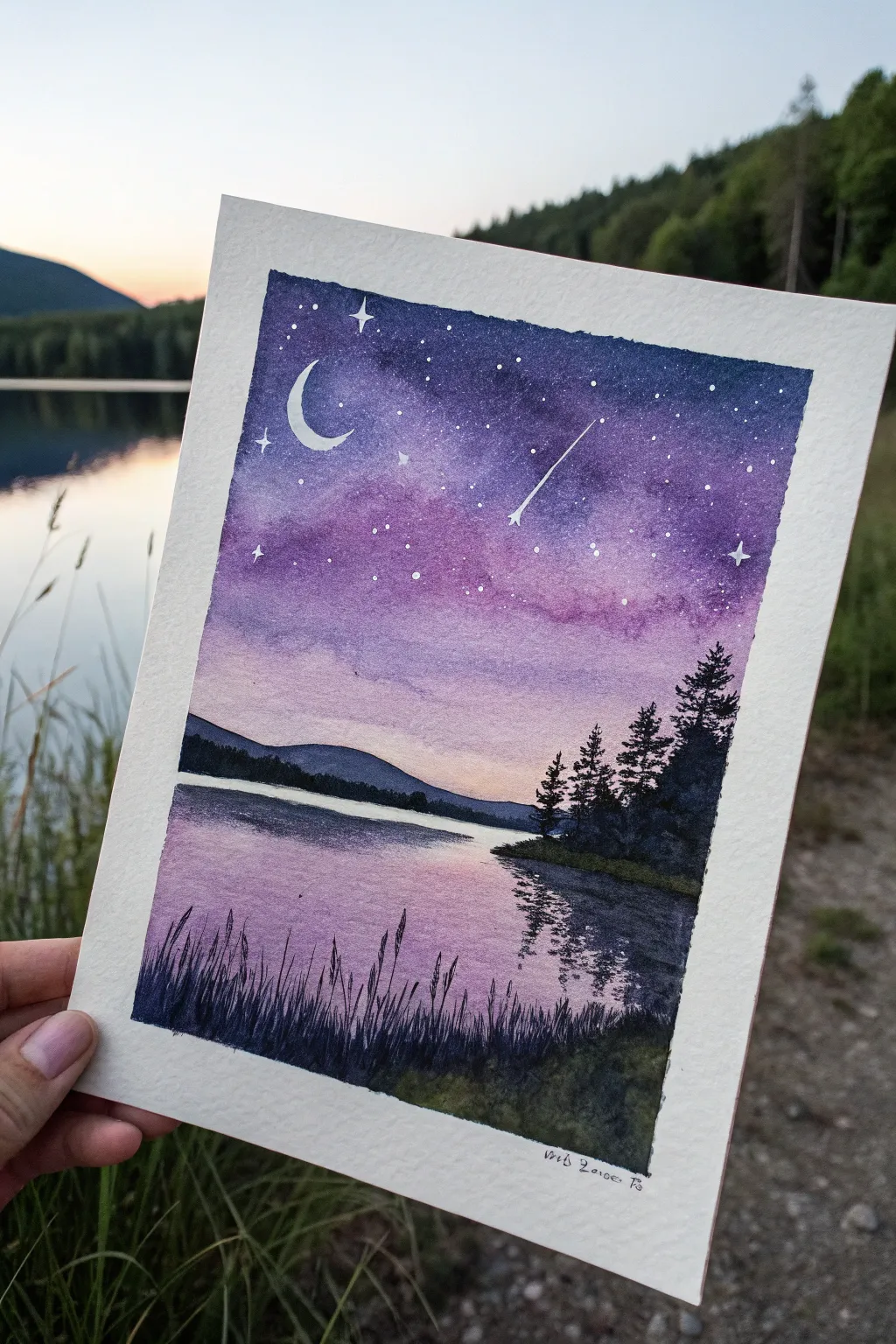 Purple twilight watercolor mood painting: soft blends, tiny stars, and a serene dreamy horizon