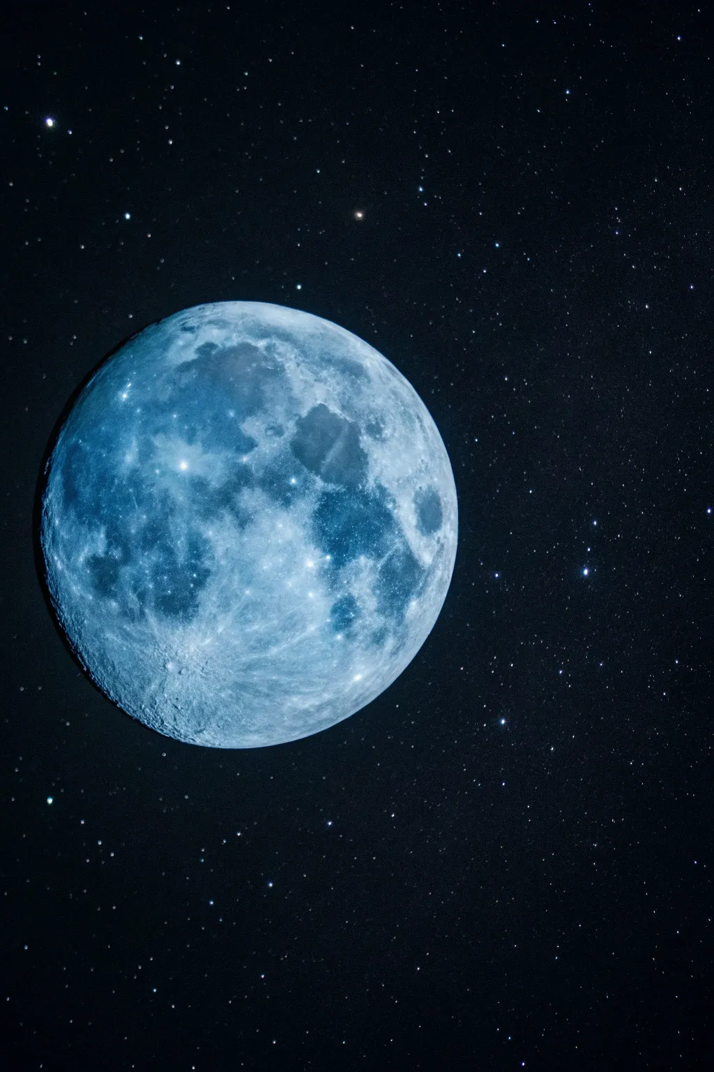 Blue moon painting with cool silver highlights, minimalist night sky, crisp stars, bold contrast