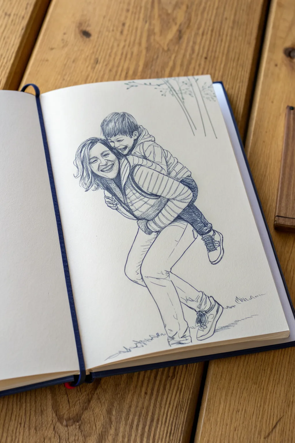 Quick piggyback line sketch idea: playful mother and son pose with bold color accents