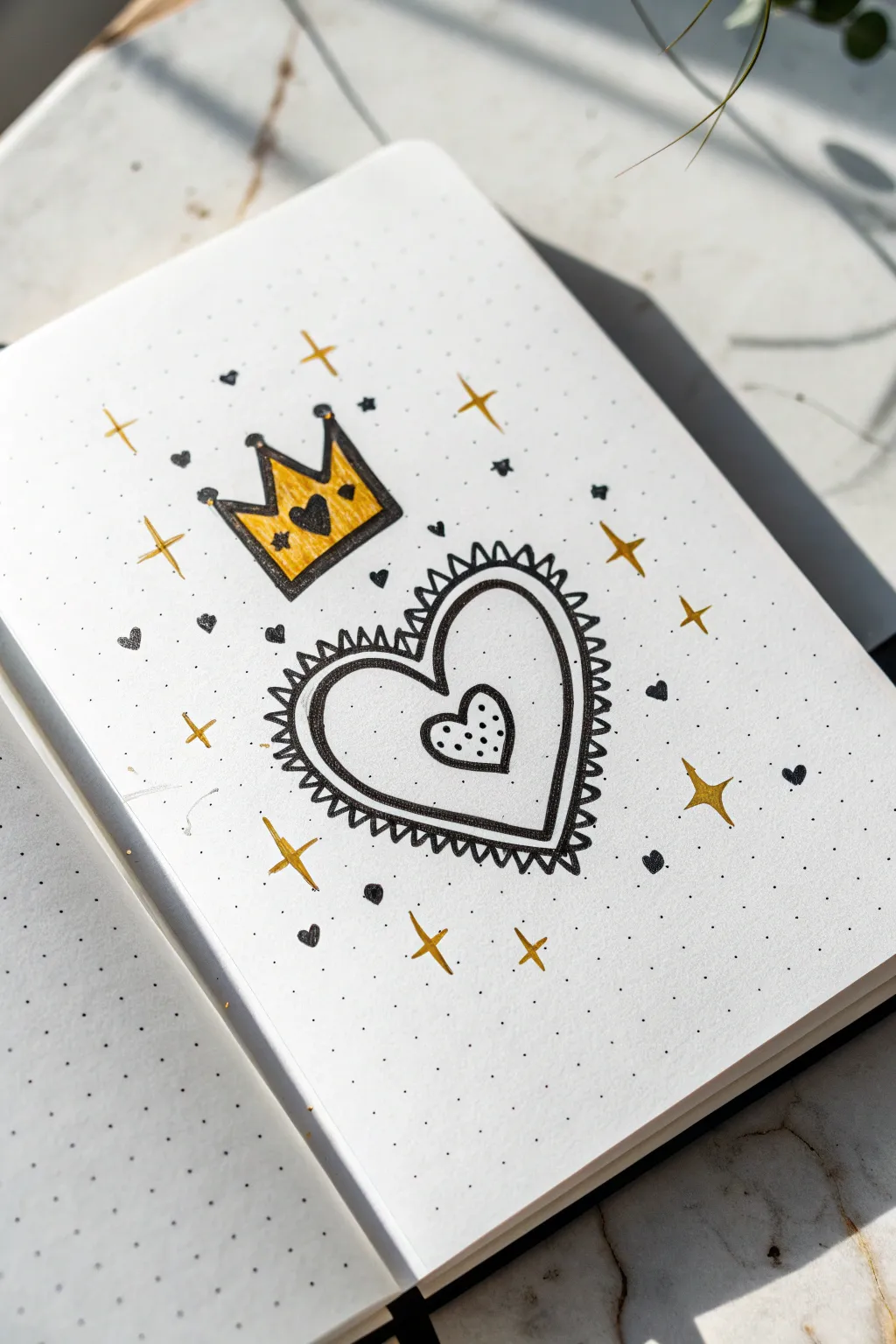 Minimal crown-and-heart doodle idea for Mothers Day, bold black ink with sunny gold accents