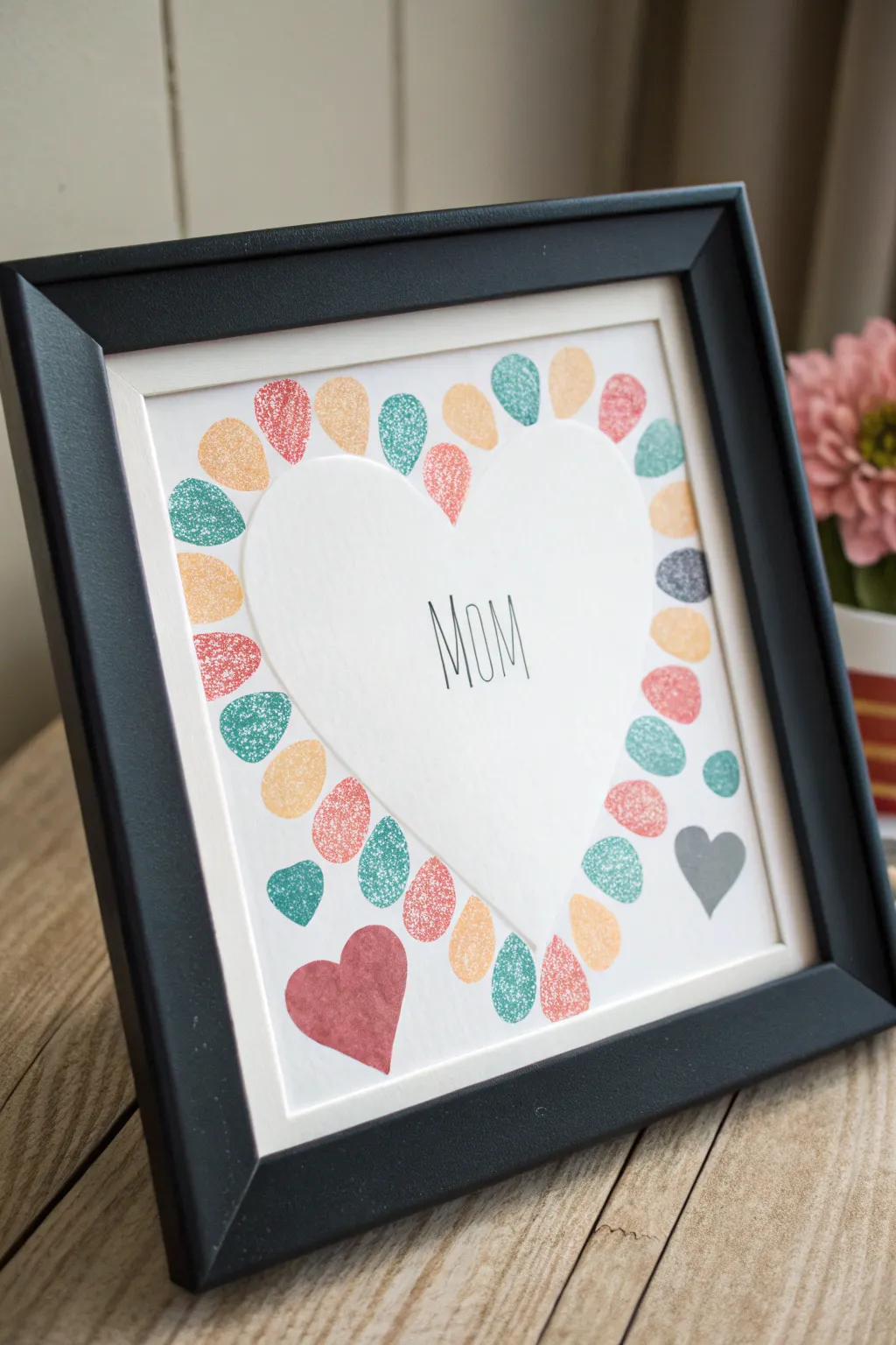 DIY keepsake frame with a blank heart center and vibrant fingerprint border, perfect for Mothers Day