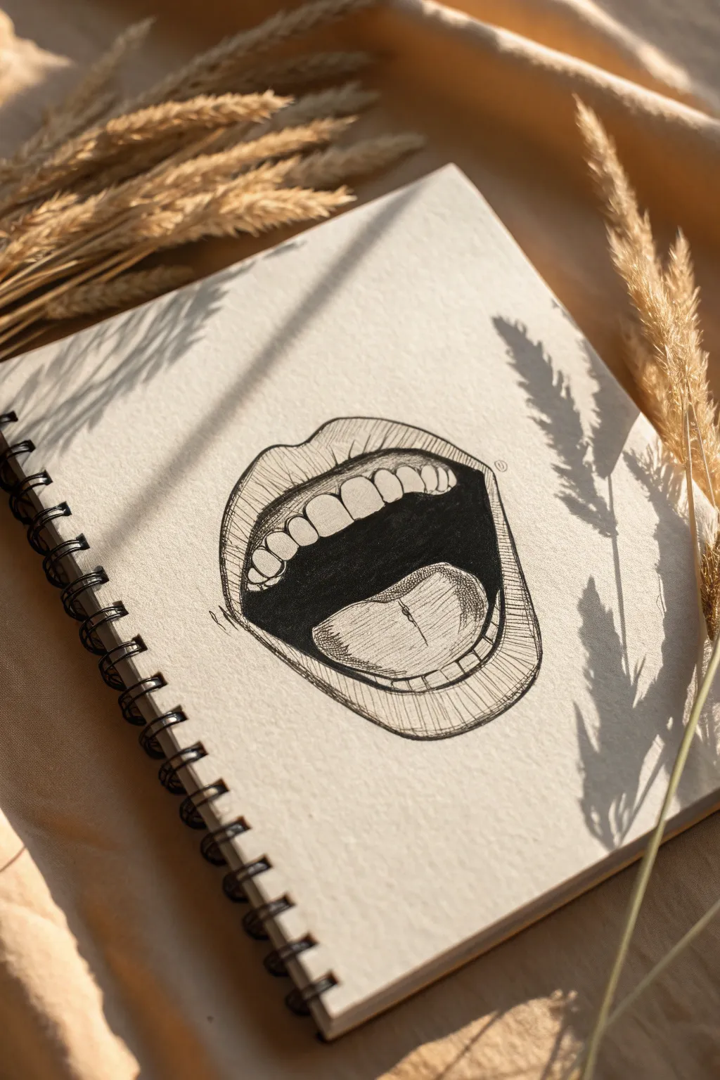 Minimalist open-mouth sketch idea with bright teeth and bold shadow contrast, boho-modern palette