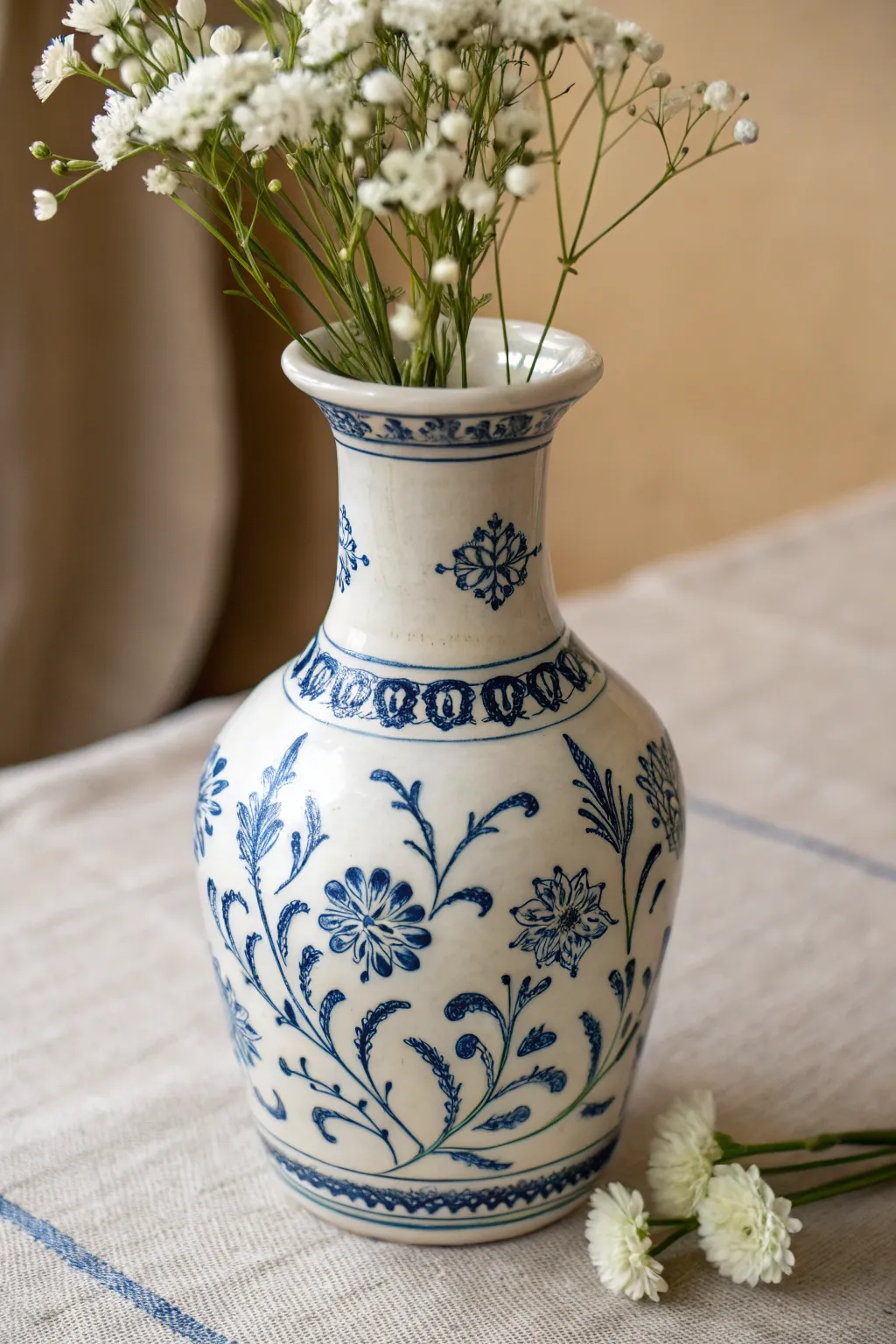 Blue-and-white ceramic illusion on a mud vase, simple florals for timeless Scandinavian charm