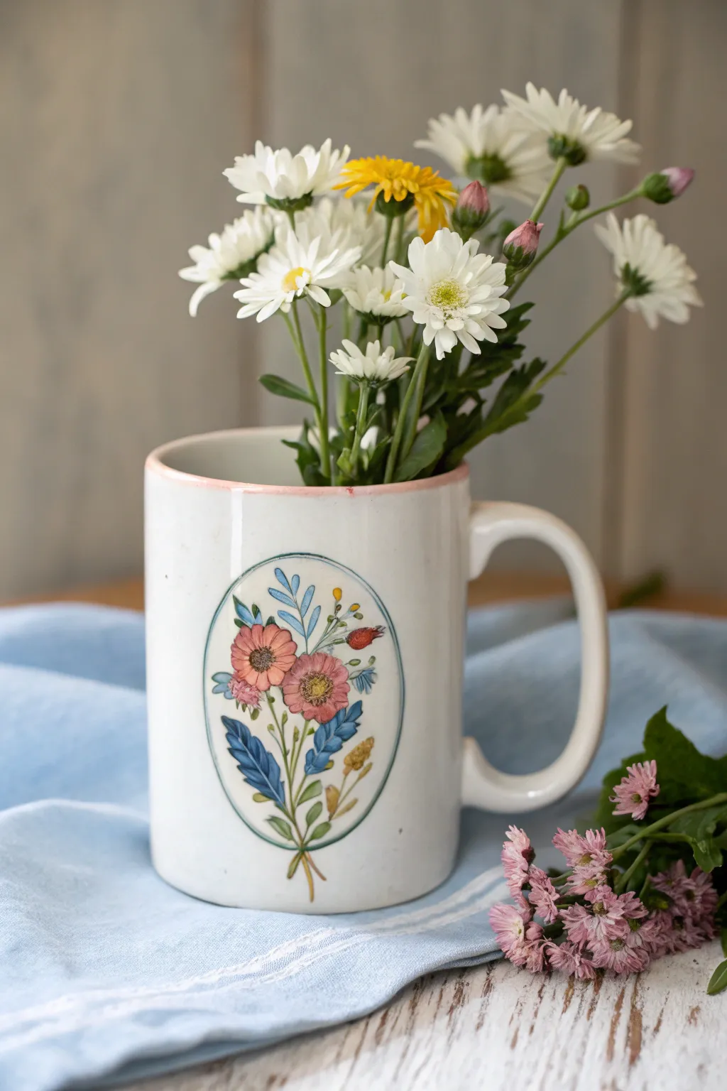 Soft oval bouquet panel on a simple mug, bold blooms with calm Scandinavian minimal vibes.