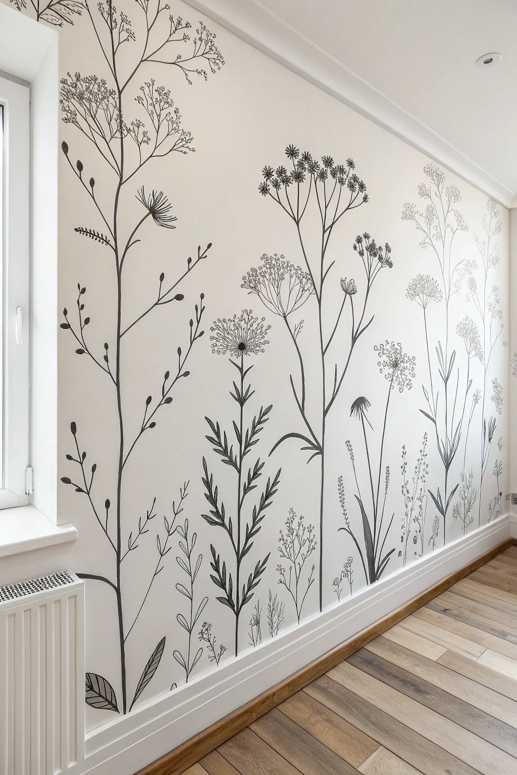 Minimalist line-art botanicals: crisp black strokes on a bright white wall for modern calm
