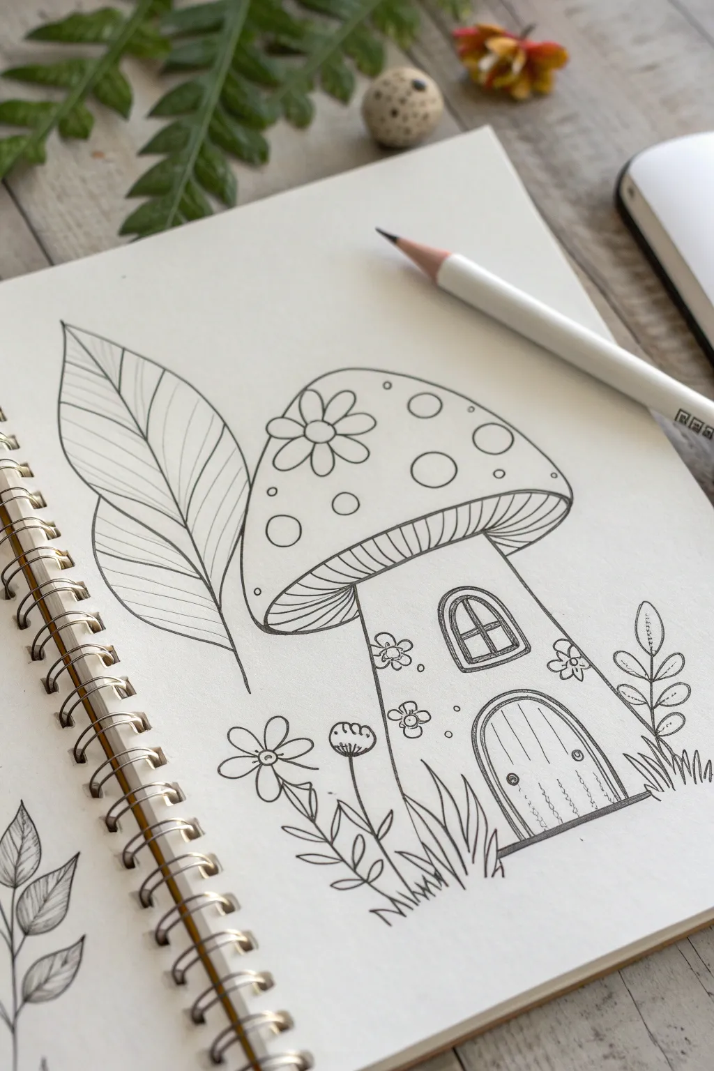 Simple mushroom house window with a lush flower box, minimalist lines and bold boho color pops