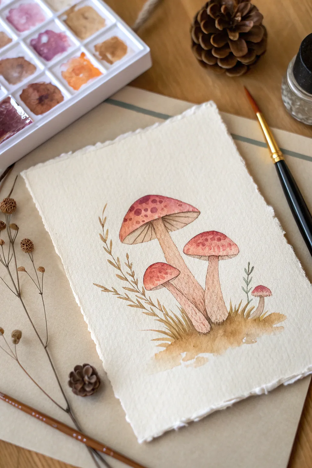 Pastel mushroom watercolor cluster with sketchy edges for a soft, cute minimalist boho look