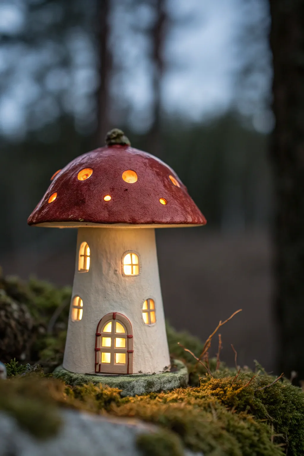 Cozy dusk mushroom house with glowing windows and lantern light, minimal boho charm