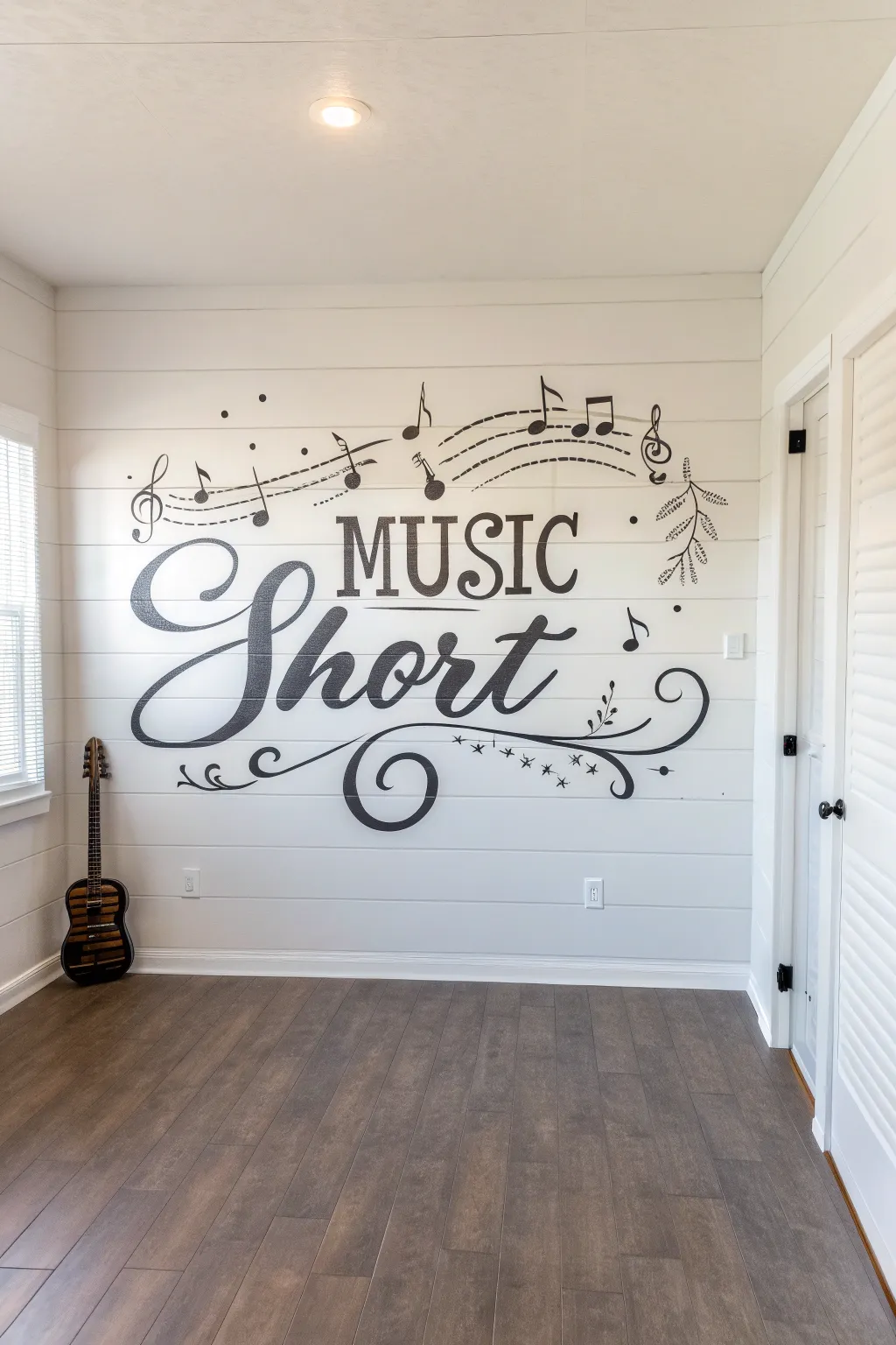 Flowing hand-lettered music quote mural with tiny notes, bold color contrast, Scandi boho calm.