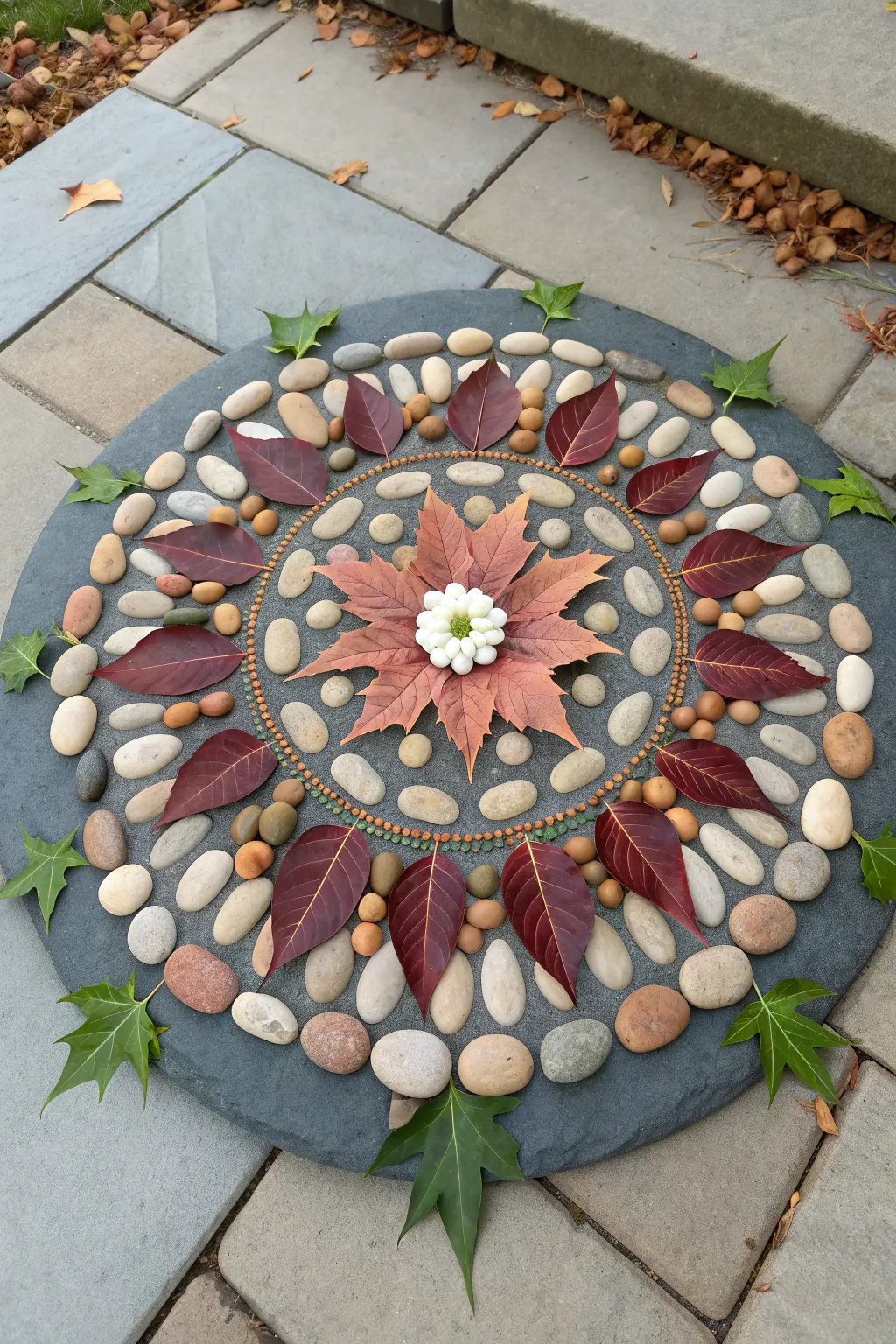 Leaf, pebble, and petal mandala in soothing symmetry with bold natural color contrast
