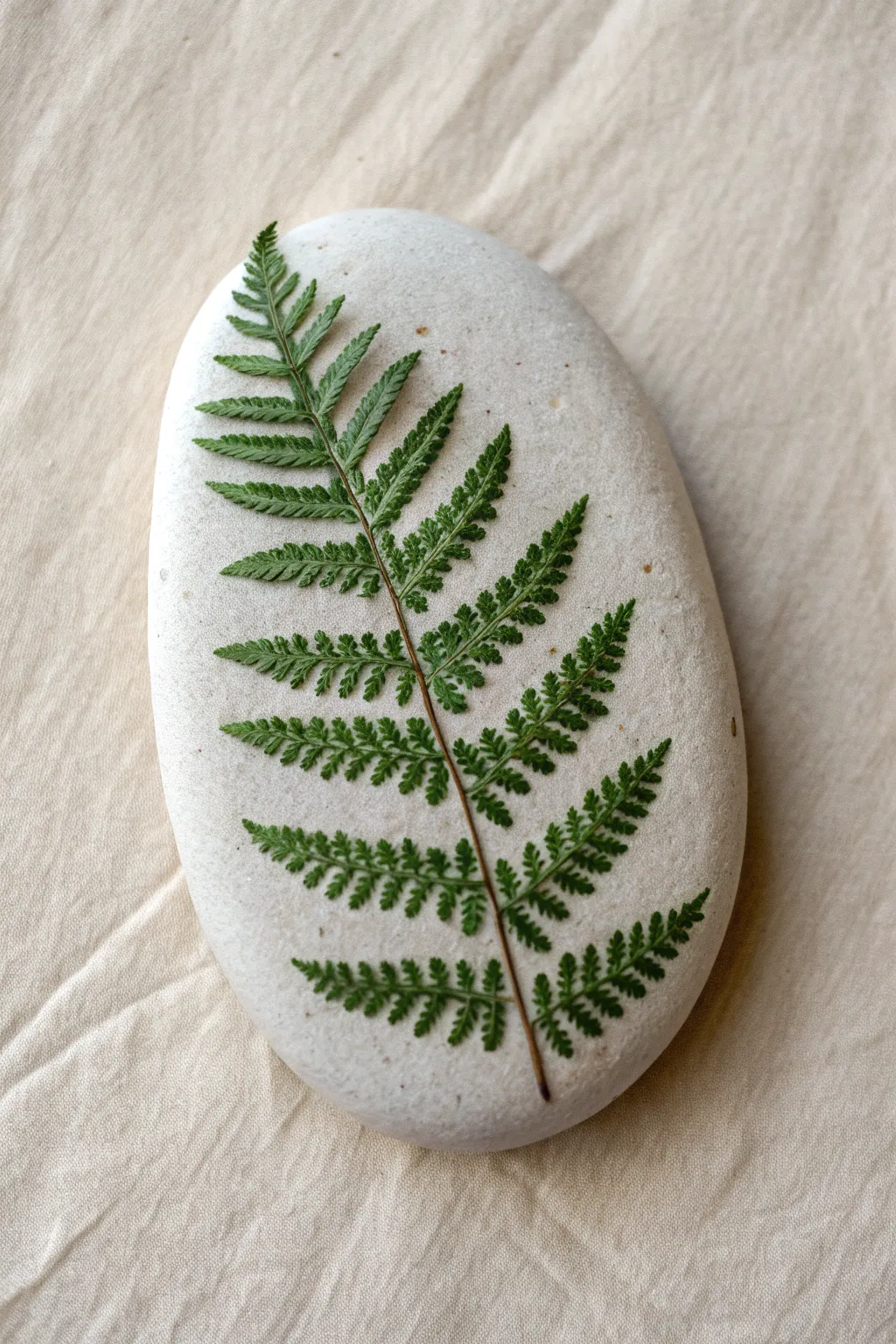 Paint a lush fern frond on a slim stone for an earthy, minimalist boho DIY accent