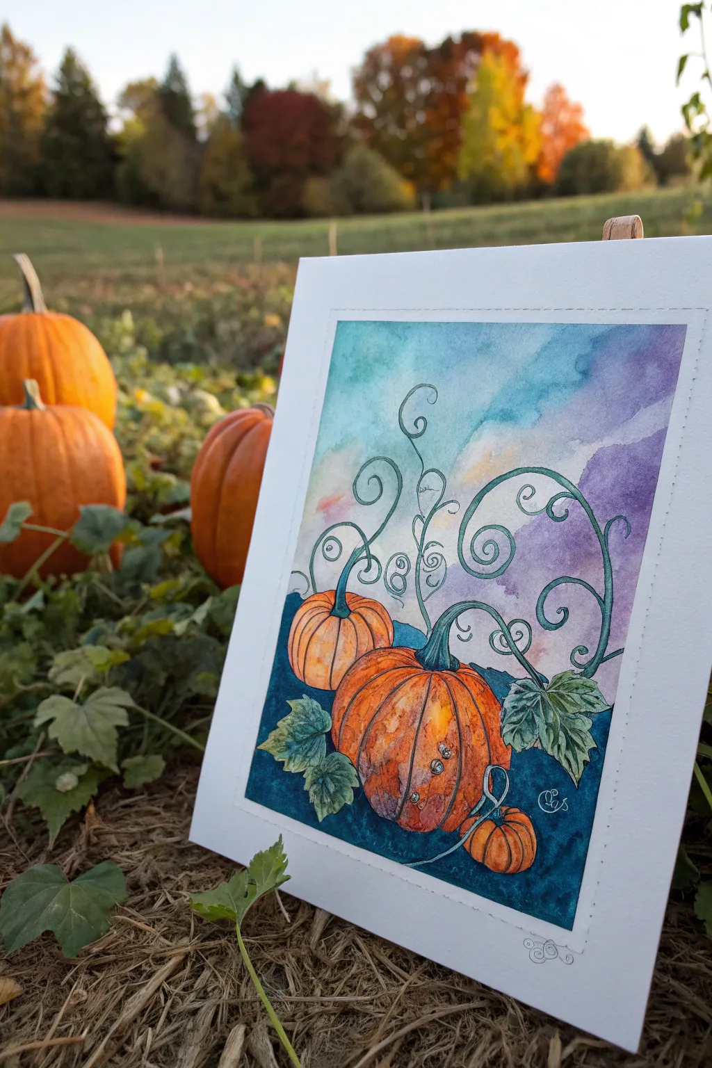 Negative space pumpkins: bright vines carved from layered dark watercolor for bold autumn contrast