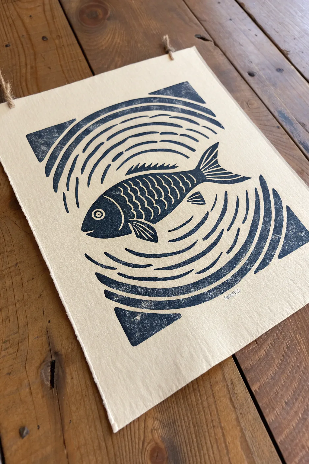 Fish silhouette with ripples in negative space, reversing the waves outside for bold contrast