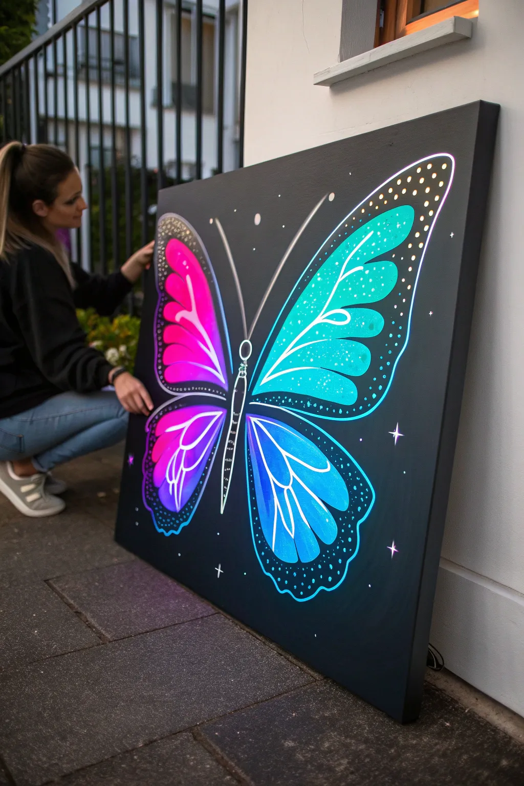 Neon gradient butterfly on black canvas with delicate white glow details and bold contrast