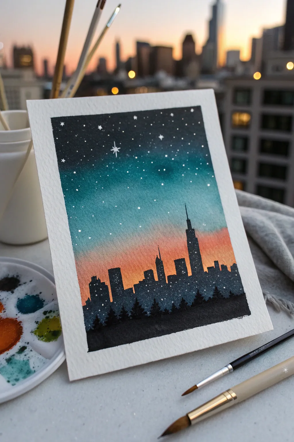 City skyline silhouette with a warm horizon glow fading into deep night and a few stars above