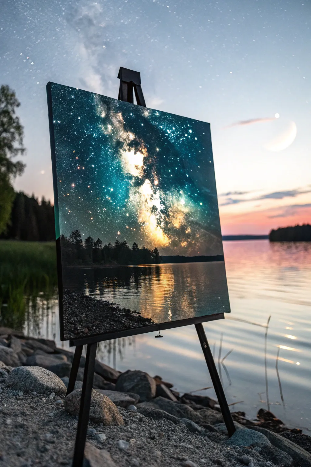 Minimalist boho night sky painting: moonlit stars mirrored on a glassy lake in bold color