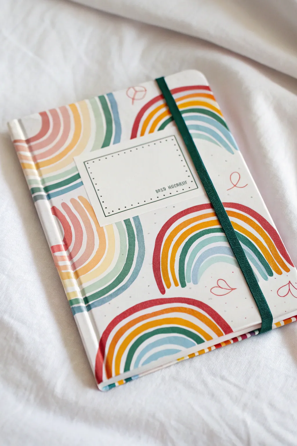 Abstract rainbow wave bands for a notebook cover, minimalist boho flat lay with bold color pop